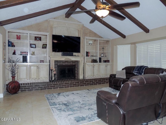 10945 Gary Player Dr, El Paso, TX 79935 - tiled living area with built in shelves, ceiling fan, and a brick fireplace