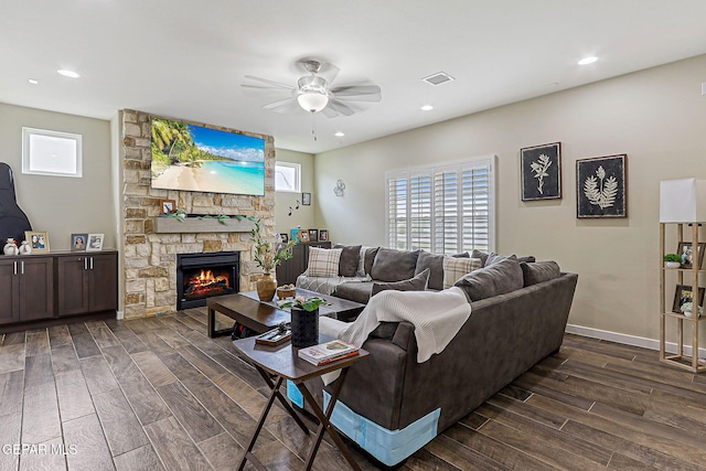 14753 Charles Foster Ave, El Paso, TX 79938 - living area with wood finish floors, a ceiling fan, plenty of natural light, recessed lighting, and a stone fireplace