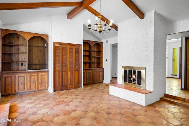 11204 Bob Mitchell Dr, El Paso, TX 79936 - unfurnished living room featuring beamed ceiling, a chandelier, a fireplace, high vaulted ceiling, and stone finish flooring