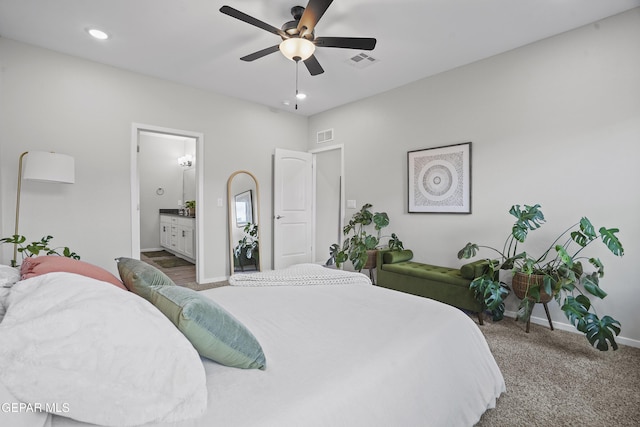 2308 Enchanted Quail, El Paso, TX 79911 - bedroom featuring carpet flooring, ensuite bathroom, ceiling fan, and recessed lighting