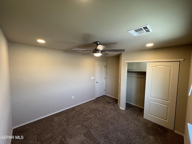 1160 Cielo Mar Dr, Socorro, TX 79927 - unfurnished bedroom with dark carpet, recessed lighting, a closet, and a ceiling fan