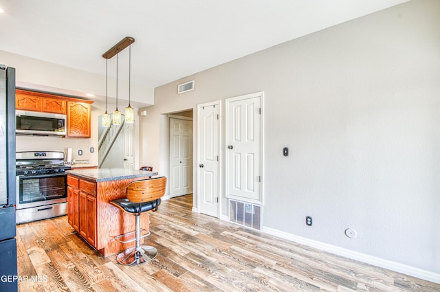 11813 Deer Grass Cir, El Paso, TX 79936 - kitchen with appliances with stainless steel finishes, a kitchen bar, light wood-type flooring, and pendant lighting
