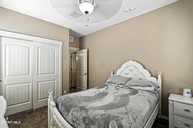 14552 Long Shadow Ave, El Paso, TX 79938 - bedroom with dark carpet, a closet, and a ceiling fan