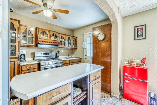 11581 Valle Verde Rd, Socorro, TX 79927 - kitchen with stainless steel gas range oven, a textured ceiling, brown cabinets, arched walkways, and a textured wall