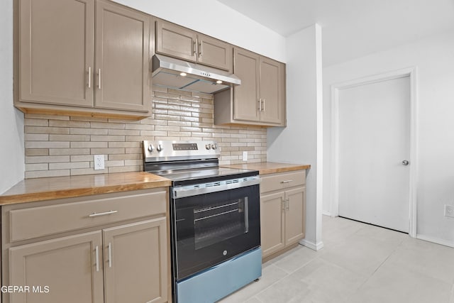 205 Caribe Cir, El Paso, TX 79927 - kitchen with electric stove, under cabinet range hood, backsplash, and light tile patterned flooring