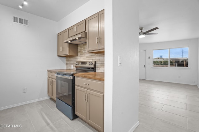 205 Caribe Cir, El Paso, TX 79927 - kitchen with stainless steel range with electric cooktop, under cabinet range hood, a ceiling fan, backsplash, and wooden counters