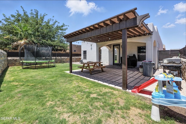 14516 Jesus Almeida, El Paso, TX 79938 - fenced backyard with a trampoline and a patio area