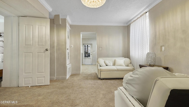2123 Magoffin Ave, El Paso, TX 79901 - living room featuring light colored carpet, crown molding, and a textured ceiling