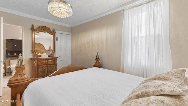 2123 Magoffin Ave, El Paso, TX 79901 - bedroom with a textured ceiling, ornamental molding, and a chandelier