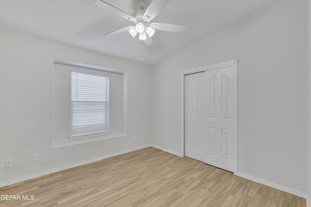14304 Woods Point Ave, El Paso, TX 79938 - unfurnished bedroom with light wood finished floors, a closet, and ceiling fan