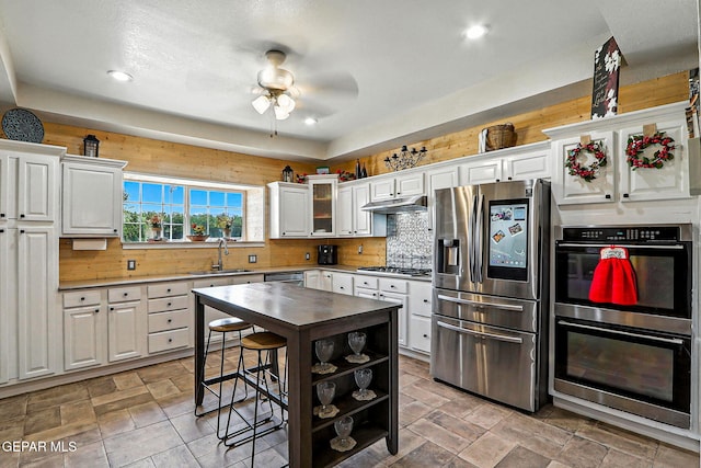 1624 Vinton Rd, Anthony, NM 88021 - kitchen featuring stainless steel appliances, under cabinet range hood, backsplash, ceiling fan, and white cabinets