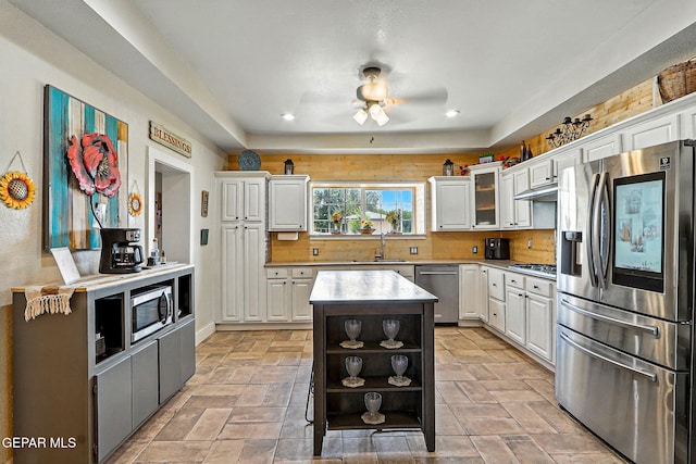 1624 Vinton Rd, Anthony, NM 88021 - kitchen with stainless steel appliances, white cabinetry, recessed lighting, ceiling fan, and open shelves