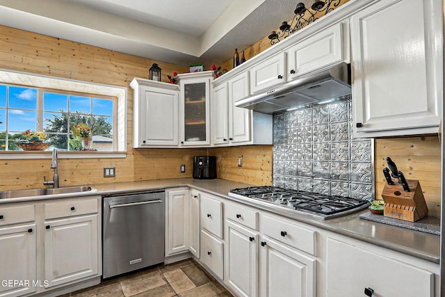 1624 Vinton Rd, Anthony, NM 88021 - kitchen with appliances with stainless steel finishes, under cabinet range hood, backsplash, white cabinetry, and light countertops
