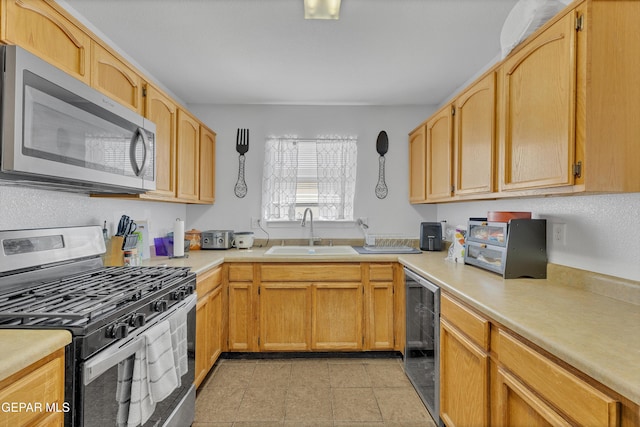 5609 Rick Husband Dr, El Paso, TX 79934 - kitchen with stainless steel appliances, beverage cooler, light countertops, and light tile patterned flooring