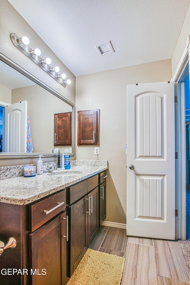 12140 Mesquite Thorn Dr, El Paso, TX 79934 - bathroom featuring vanity, wood finished floors, and a textured ceiling
