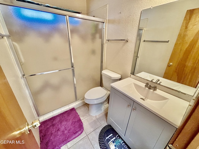 3197 Lonesome Dove Cir, El Paso, TX 79936 - bathroom featuring vanity, a textured wall, a stall shower, and tile patterned flooring