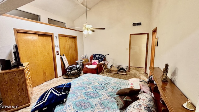 3197 Lonesome Dove Cir, El Paso, TX 79936 - carpeted bedroom featuring high vaulted ceiling, multiple closets, and ceiling fan