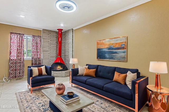 3417 Thomason Ave, El Paso, TX 79904 - living area featuring crown molding, a wood stove, and tile patterned flooring