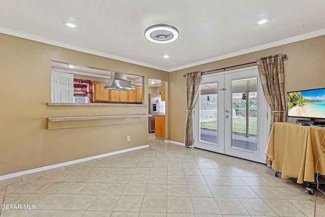 3417 Thomason Ave, El Paso, TX 79904 - kitchen featuring stainless steel fridge, french doors, ornamental molding, ventilation hood, and light tile patterned floors