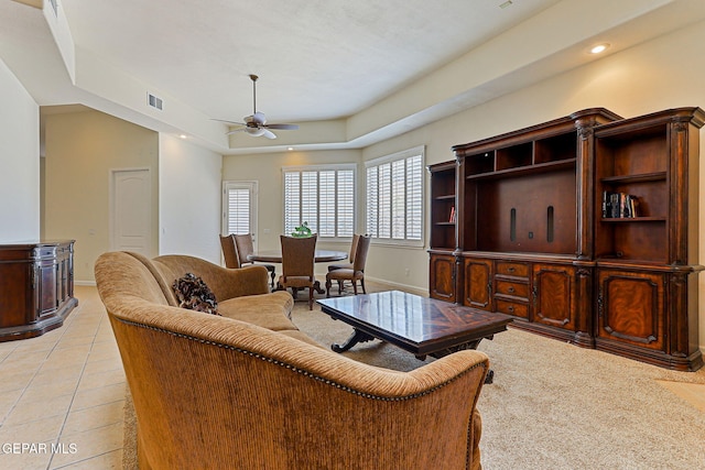 6514 Franklin Cove Place, El Paso, TX 79912 - living room with ceiling fan, light tile patterned flooring, a tray ceiling, and recessed lighting
