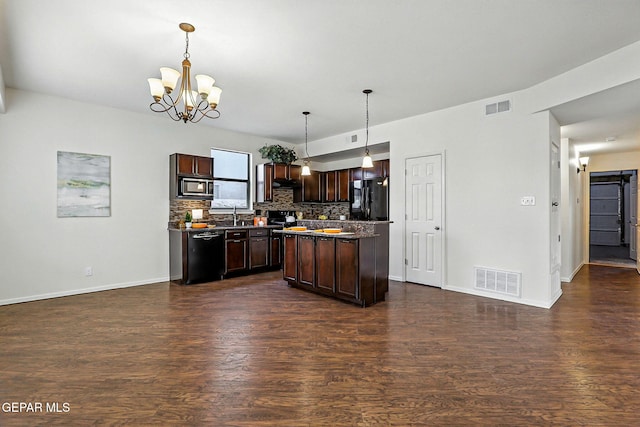 11353 W Ranch Ct, El Paso, TX 79934 - kitchen with black appliances, dark brown cabinets, backsplash, dark wood-style floors, and a chandelier