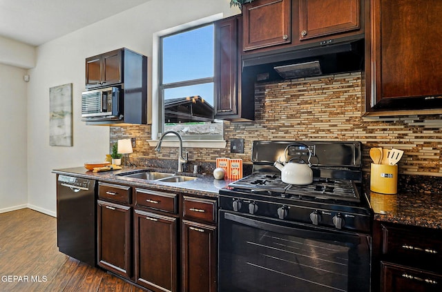 11353 W Ranch Ct, El Paso, TX 79934 - kitchen featuring black appliances, dark wood-type flooring, backsplash, and exhaust hood