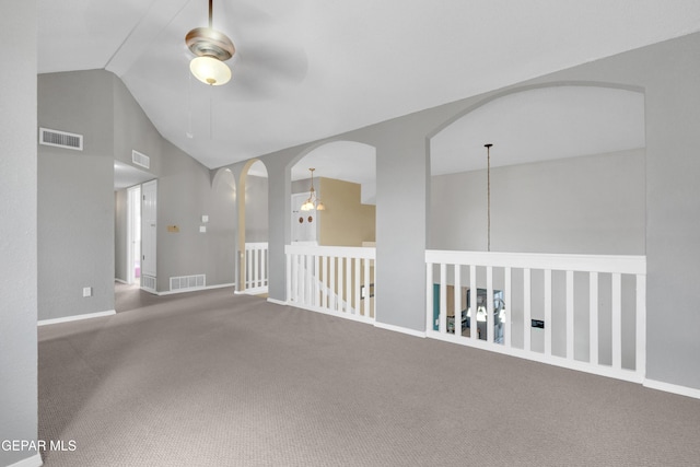 4328 Loma Alegre Dr, El Paso, TX 79934 - carpeted spare room with ceiling fan, lofted ceiling, and arched walkways
