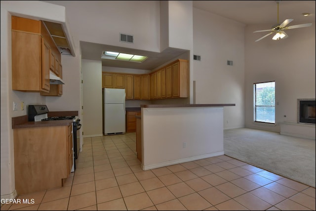 712 Rena Mae Ct, Las Cruces, NM 88005 - kitchen featuring range with gas cooktop, freestanding refrigerator, high vaulted ceiling, open floor plan, and light carpet