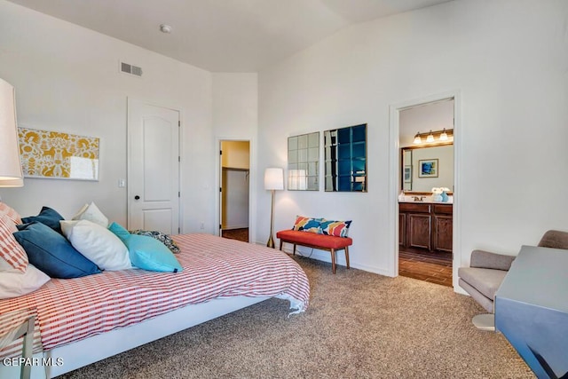 545 Lanner Dr, El Paso, TX 79928 - bedroom with carpet flooring, high vaulted ceiling, and ensuite bathroom