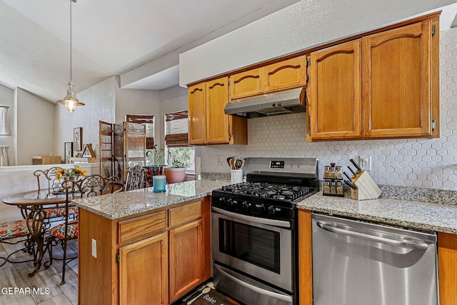 700 Milton Henry Ave, El Paso, TX 79932 - kitchen with appliances with stainless steel finishes, under cabinet range hood, a peninsula, tasteful backsplash, and vaulted ceiling