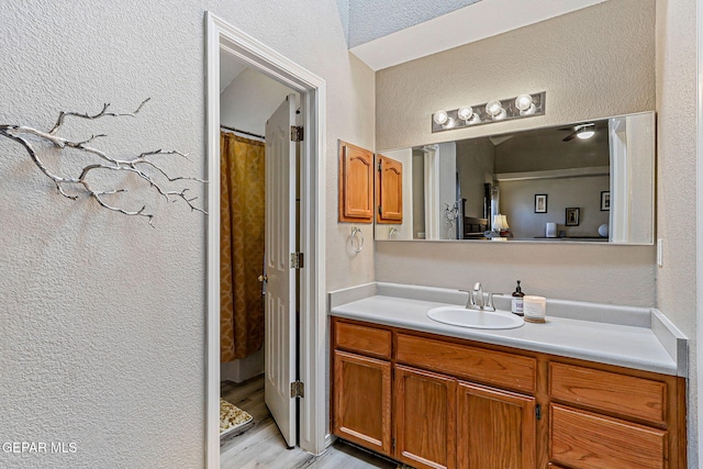 700 Milton Henry Ave, El Paso, TX 79932 - full bath with vanity, a textured wall, wood finished floors, and curtained shower