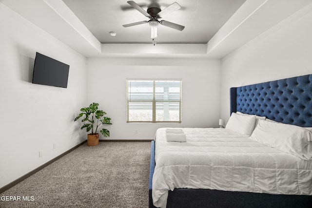 13699 Kathys Ct, El Paso, TX 79928 - carpeted bedroom with a raised ceiling and ceiling fan