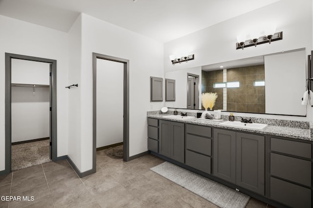 13699 Kathys Ct, El Paso, TX 79928 - bathroom with double vanity, a walk in closet, and tiled shower