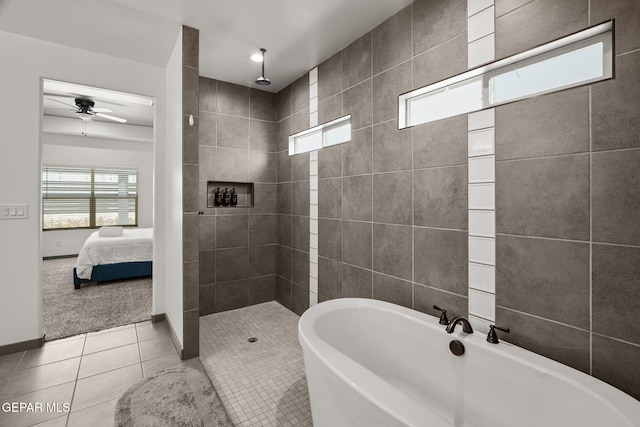 13699 Kathys Ct, El Paso, TX 79928 - ensuite bathroom featuring a freestanding tub, tiled shower, tile patterned floors, ceiling fan, and plenty of natural light