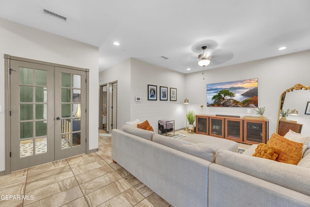 7817 Enchanted Trail Dr, El Paso, TX 79911 - living area with french doors, recessed lighting, light marble finish flooring, and ceiling fan
