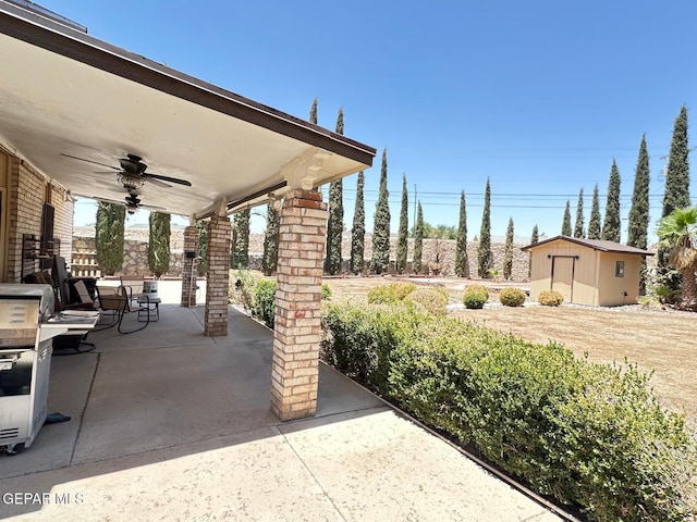 11713 Queens Garden Cir, El Paso, TX 79936 - view of patio with a ceiling fan and a shed