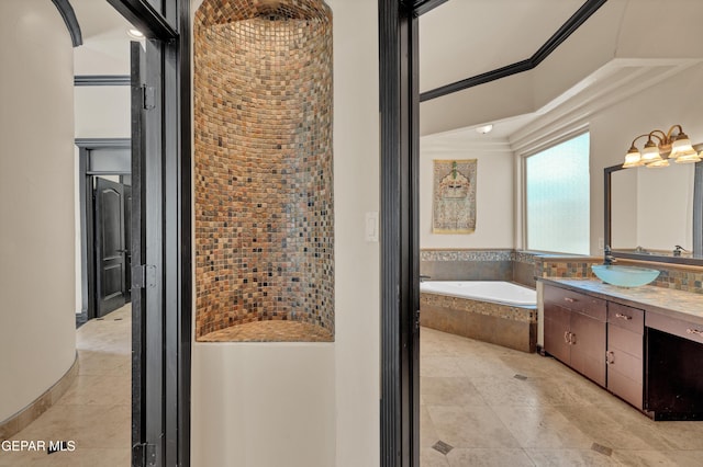 4540 N Stanton St, El Paso, TX 79902 - full bath featuring vanity, a bath, tile patterned flooring, and a high ceiling