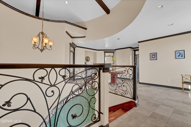 4540 N Stanton St, El Paso, TX 79902 - hall with a chandelier, recessed lighting, ornamental molding, and light tile patterned floors