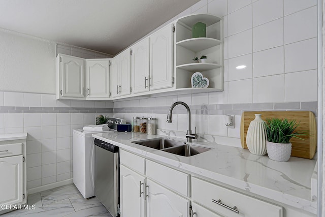 10304 Thor St, El Paso, TX 79924 - kitchen featuring light stone countertops, white cabinetry, tile walls, light marble finish flooring, and open shelves