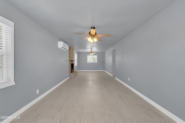 224 Ben Swain Dr, El Paso, TX 79915 - unfurnished living room with a ceiling fan, a brick fireplace, and an AC wall unit