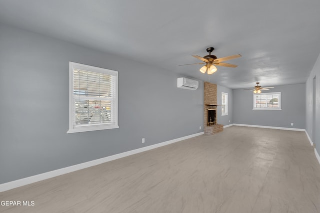 224 Ben Swain Dr, El Paso, TX 79915 - unfurnished living room featuring an AC wall unit, a ceiling fan, and a fireplace