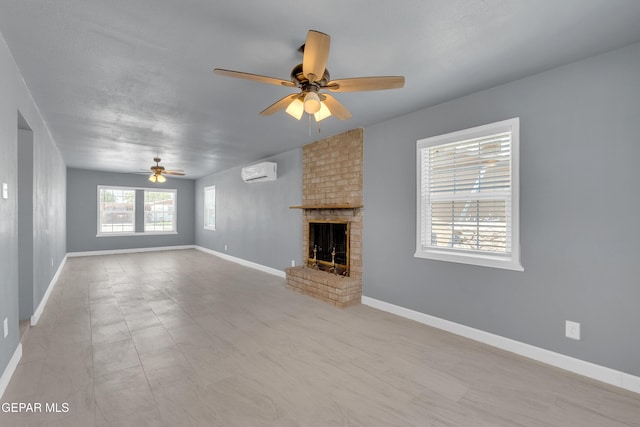 224 Ben Swain Dr, El Paso, TX 79915 - unfurnished living room featuring an AC wall unit, ceiling fan, and a brick fireplace