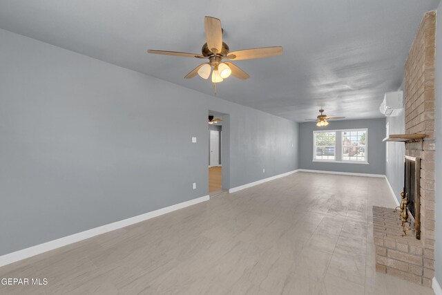 224 Ben Swain Dr, El Paso, TX 79915 - unfurnished living room featuring a wall mounted AC, ceiling fan, and a fireplace