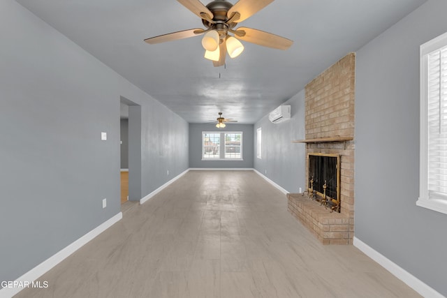 224 Ben Swain Dr, El Paso, TX 79915 - unfurnished living room with a wall mounted air conditioner, ceiling fan, and a fireplace