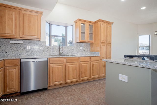 448 Ghost Flower St, Horizon City, TX 79928 - kitchen with dishwasher, decorative backsplash, glass insert cabinets, light stone counters, and recessed lighting