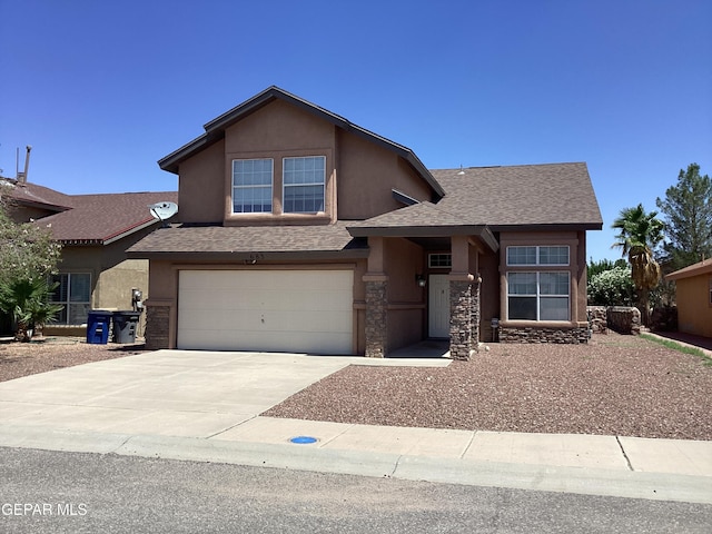 683 Juan Munoz Ct, El Paso, TX 79932 - view of front of home with concrete driveway, stucco siding, stone siding, a garage, and roof with shingles