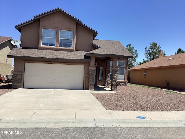 683 Juan Munoz Ct, El Paso, TX 79932 - view of front of property featuring stone siding, concrete driveway, and roof with shingles