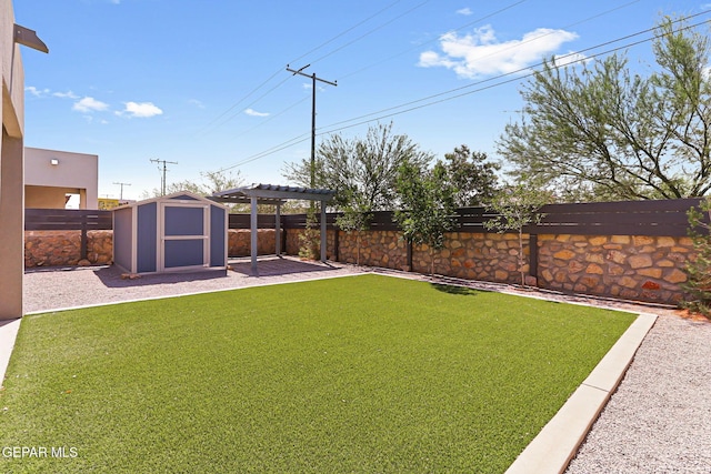 13594 Gatton St, El Paso, TX 79928 - fenced backyard featuring a storage shed, a pergola, and a patio area