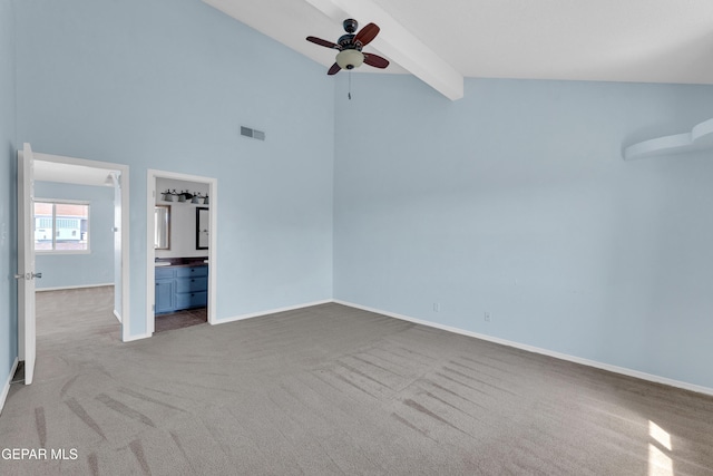 11905 Jim Webb Dr, El Paso, TX 79934 - unfurnished bedroom featuring carpet, beam ceiling, high vaulted ceiling, ensuite bathroom, and a ceiling fan