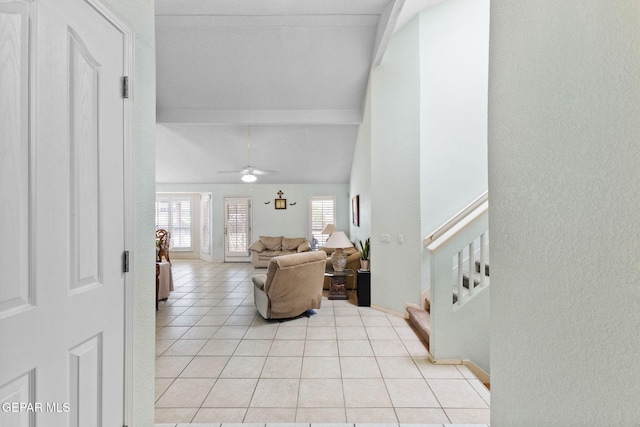 12090 Sterling Mary Way, El Paso, TX 79936 - living room with light tile patterned floors, stairs, and ceiling fan
